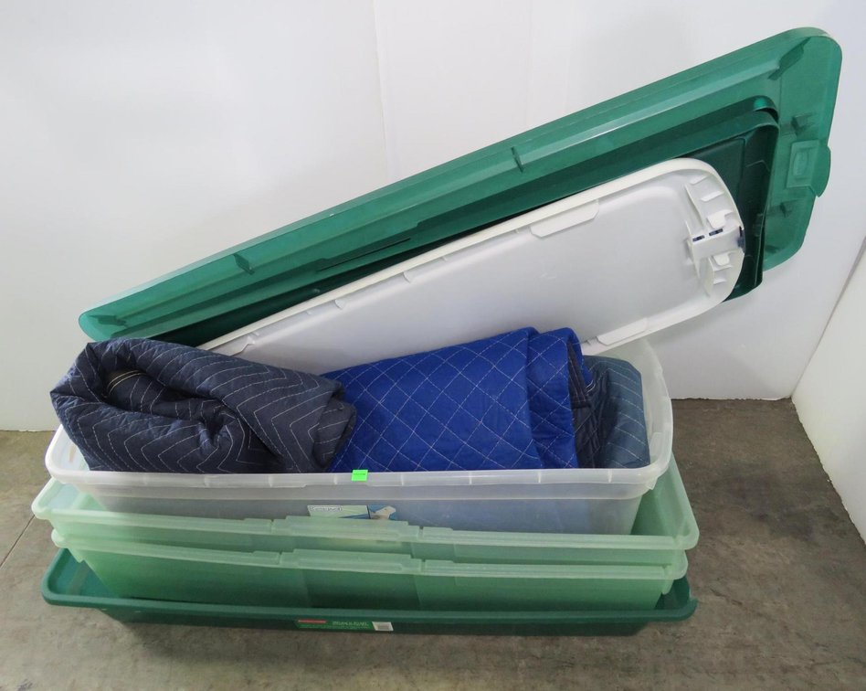 Plastic Storage Totes and Two Moving Blankets