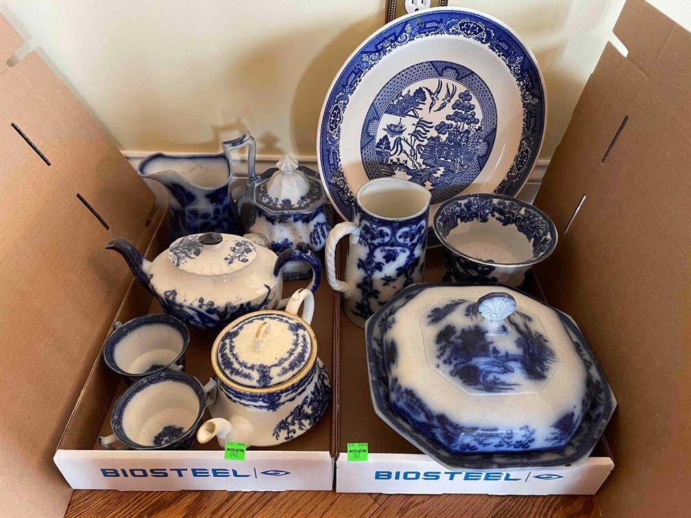 Antique Flow Blue Teapots, Pitchers, Platter
