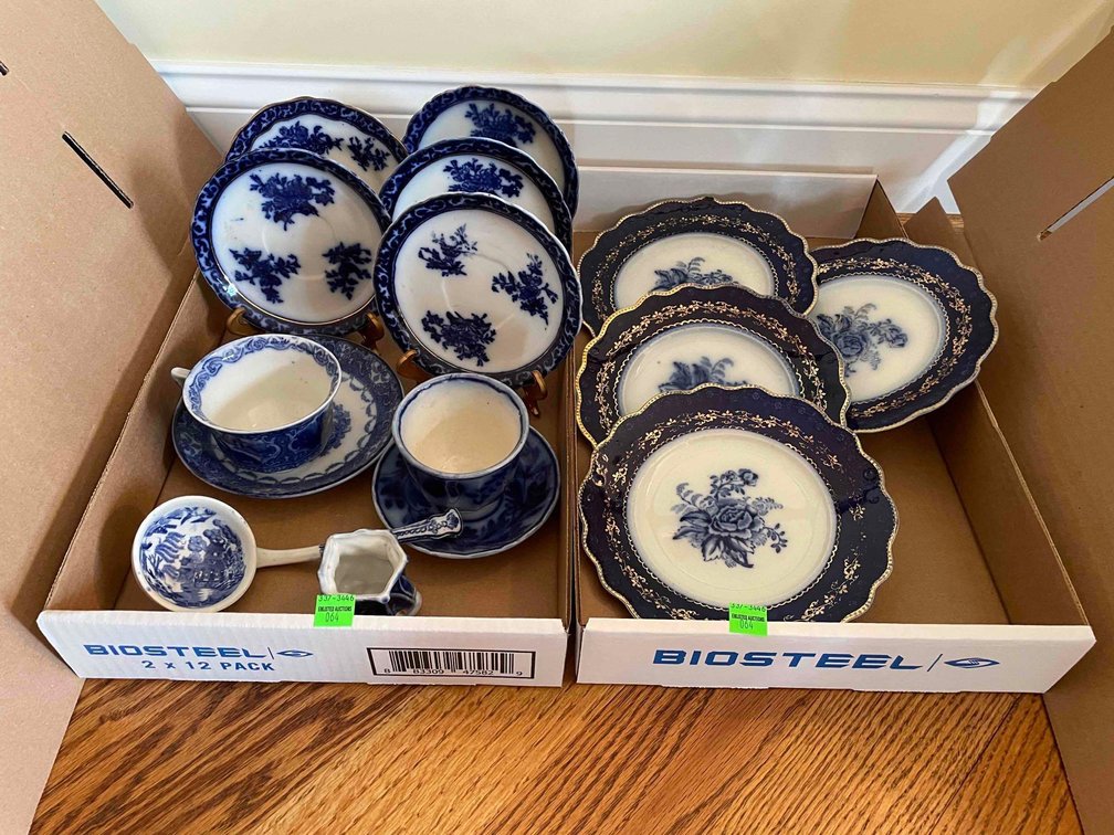 Antique Flow Blue Dishes, Cup and Saucers