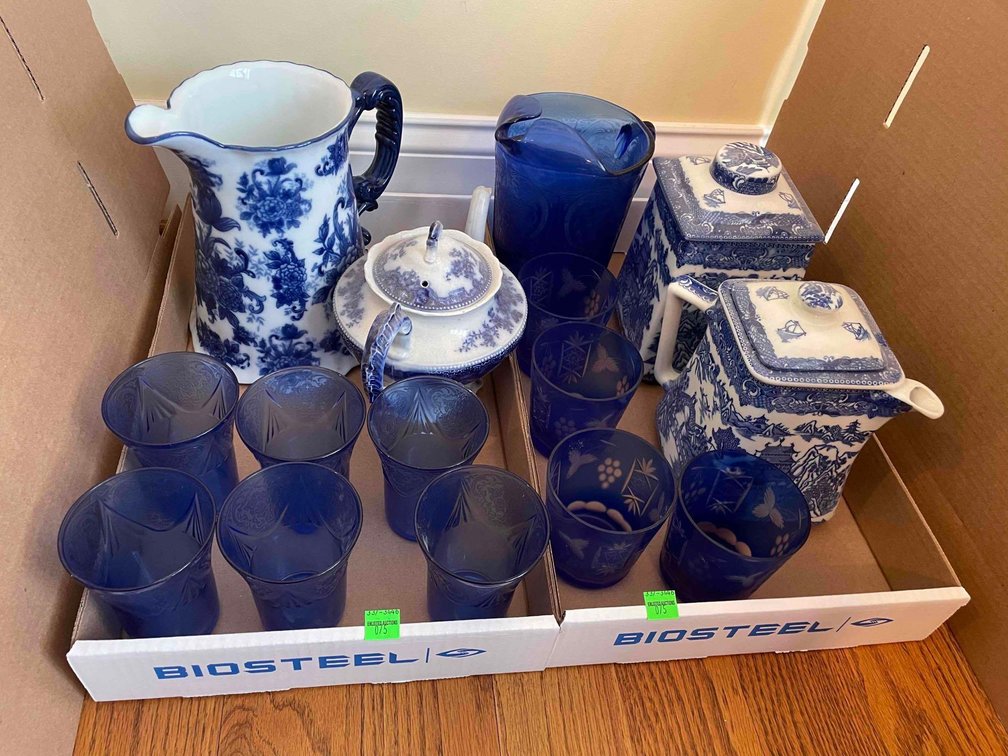 Blue Water Set, (6) Hazel Atlas Blue Royal Lace Tumblers, and Pitchers