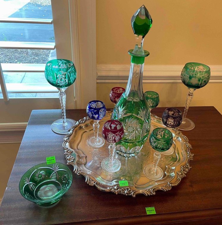 Cut Crystal Decanter Set On Silver Plated Tray, Tray Made In England