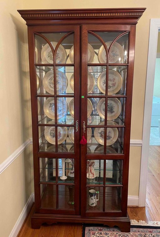 Double Door Lighted Curio Cabinet With Glass Shelves and Mirrored Back, 42Wx82Hx16W