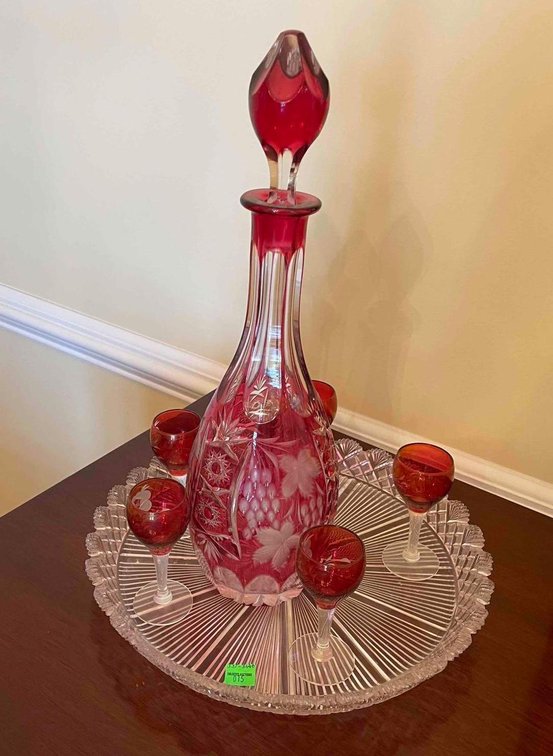 Cut Crystal Decanter Set On Glass Platter