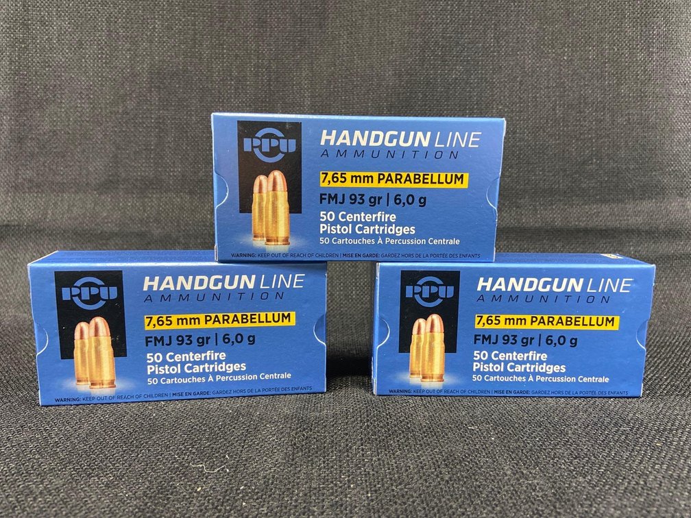 7.65 mm Parabellum, 150 Rounds, 93 Grain FMJ, Hand Line Ammunition.