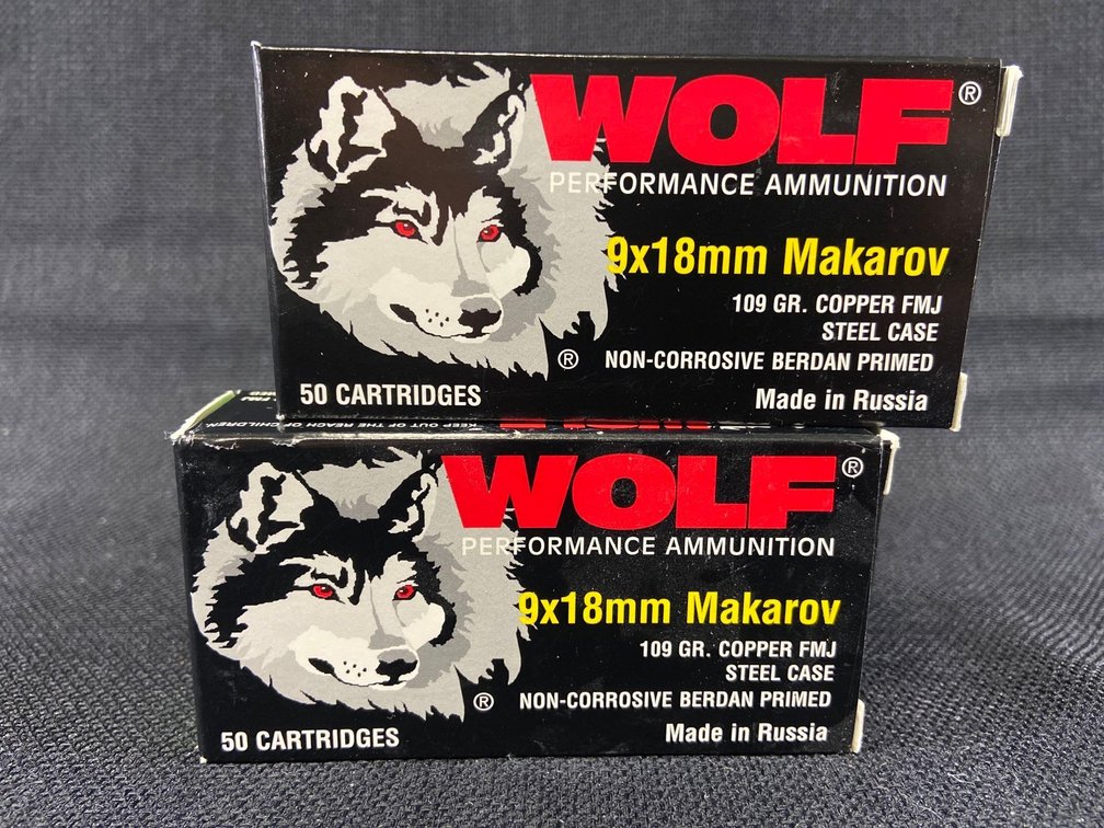 9 X 18mm Makarov, 100 Rounds, 109 Grain Copper FMJ, Steel Case, Wolf Ammunition, Made In Russia