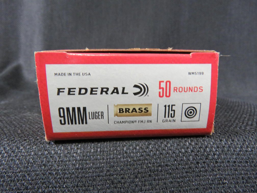 9mm Luger, 50 Rounds, 115 Grain FMJ Rn, Brass, Federal