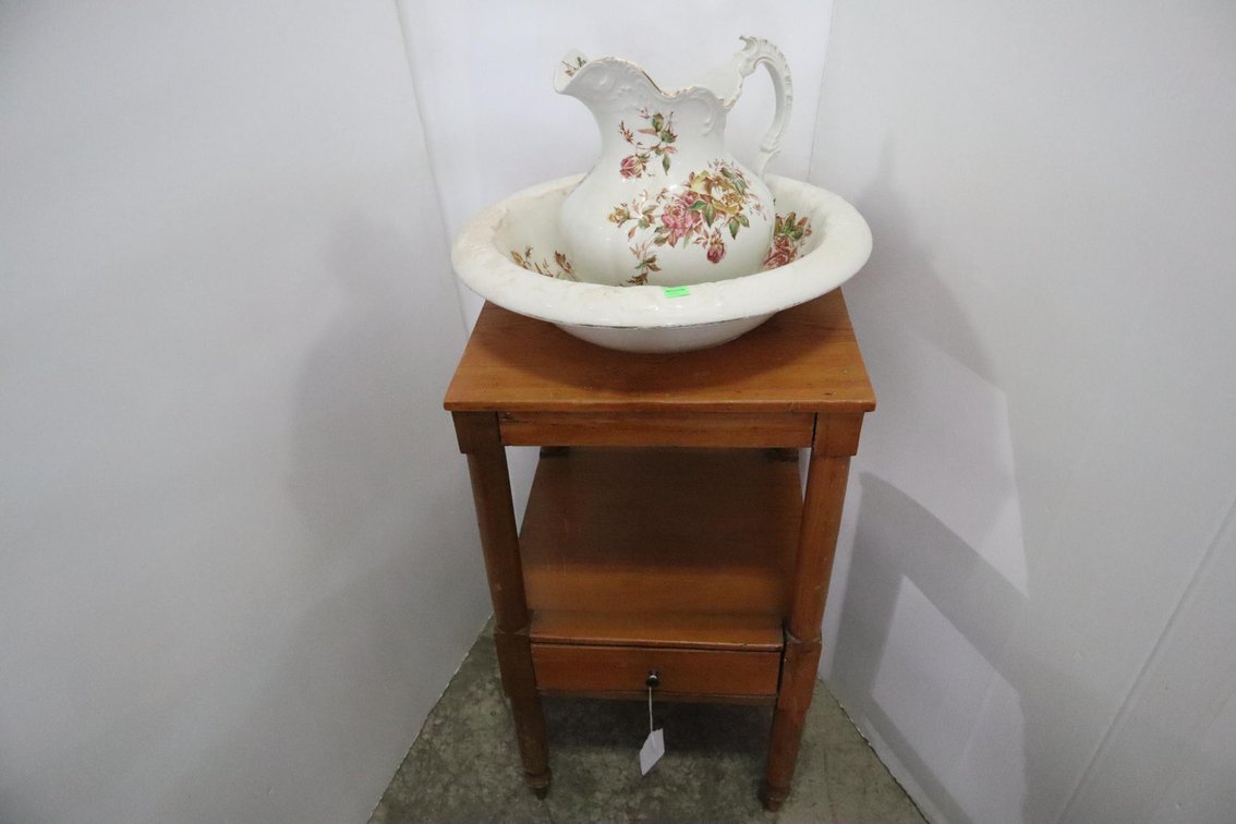 Wash Pitcher and Bowl Stand, Empire, Trenton, New Jersey, June Roses Porcelain Bowl and Pitcher, Note Handle On Pitcher Is Cracked, Washstand Is Reported To Be From Lexington, Virginia
