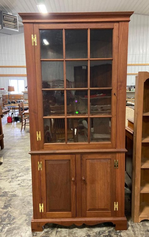 Antique 12 Light Corner Cupboard, Top Door Hinge Needs Replacement