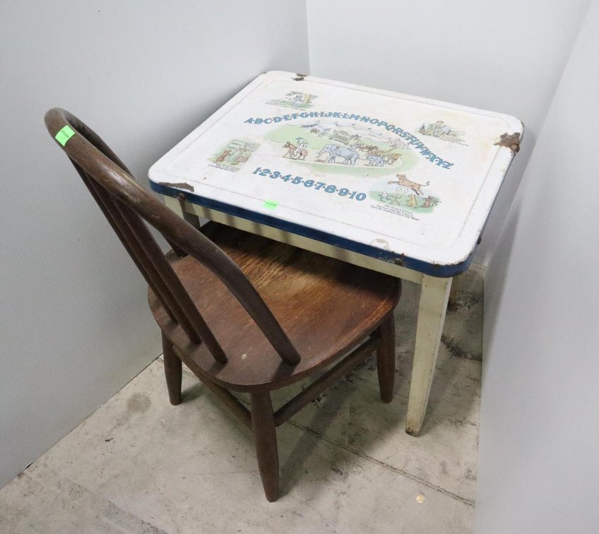 Vintage Porcelain Enamel Preschool Table and Chair