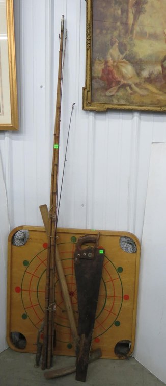 Antique Fishing Poles, Hand Saw, Garden Hoe and Carrom Board