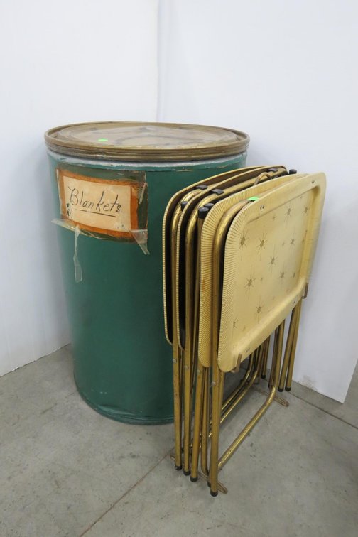 Vintage Metal Folding Tray Tables and A Barrel