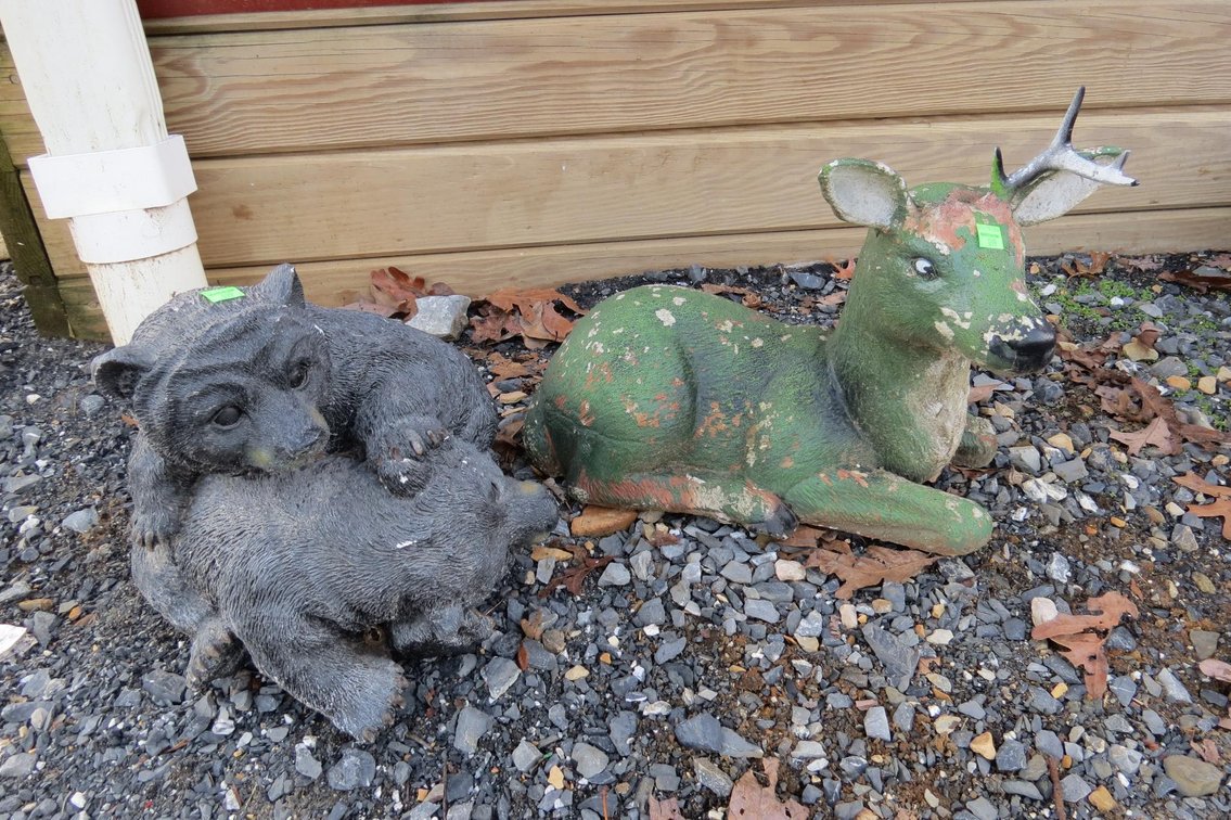 Cement Deer Ornament and Plastic Bears