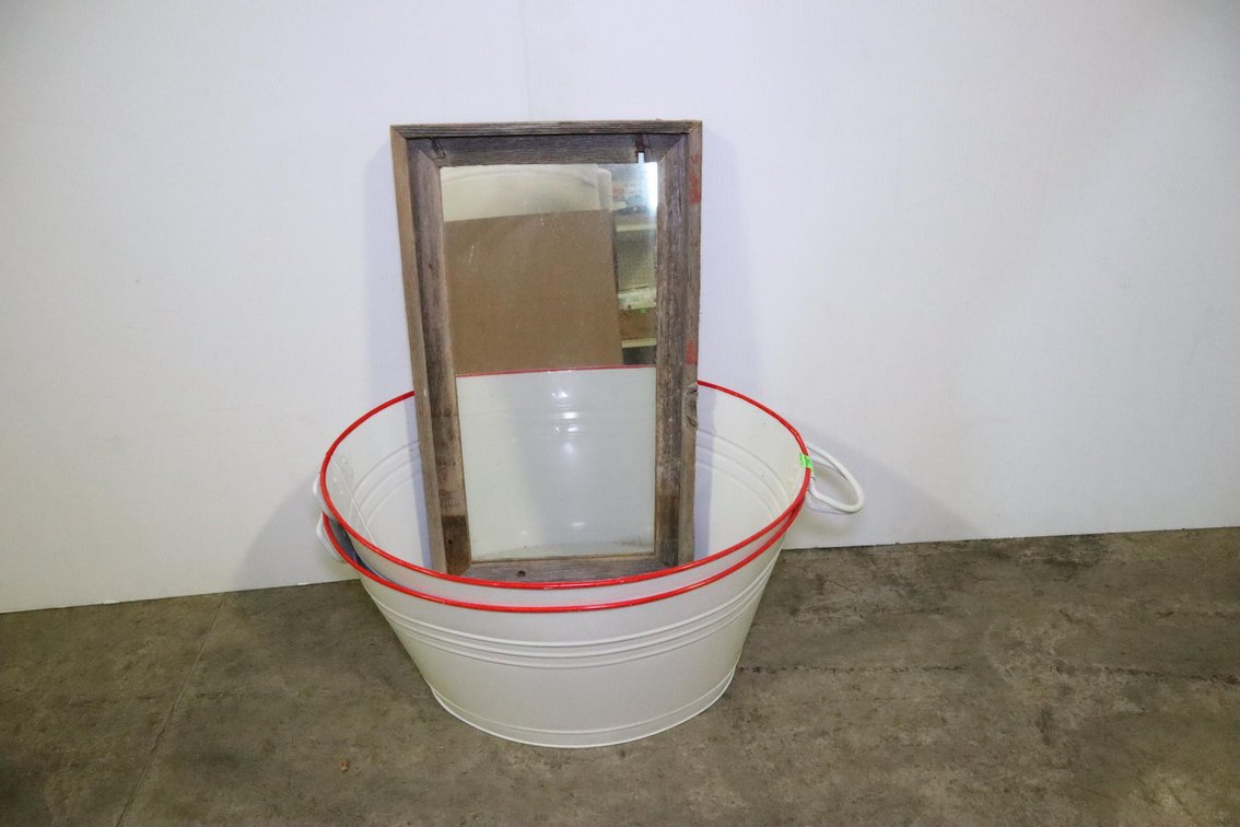 Decorative Washtub and Rustic Framed Mirror