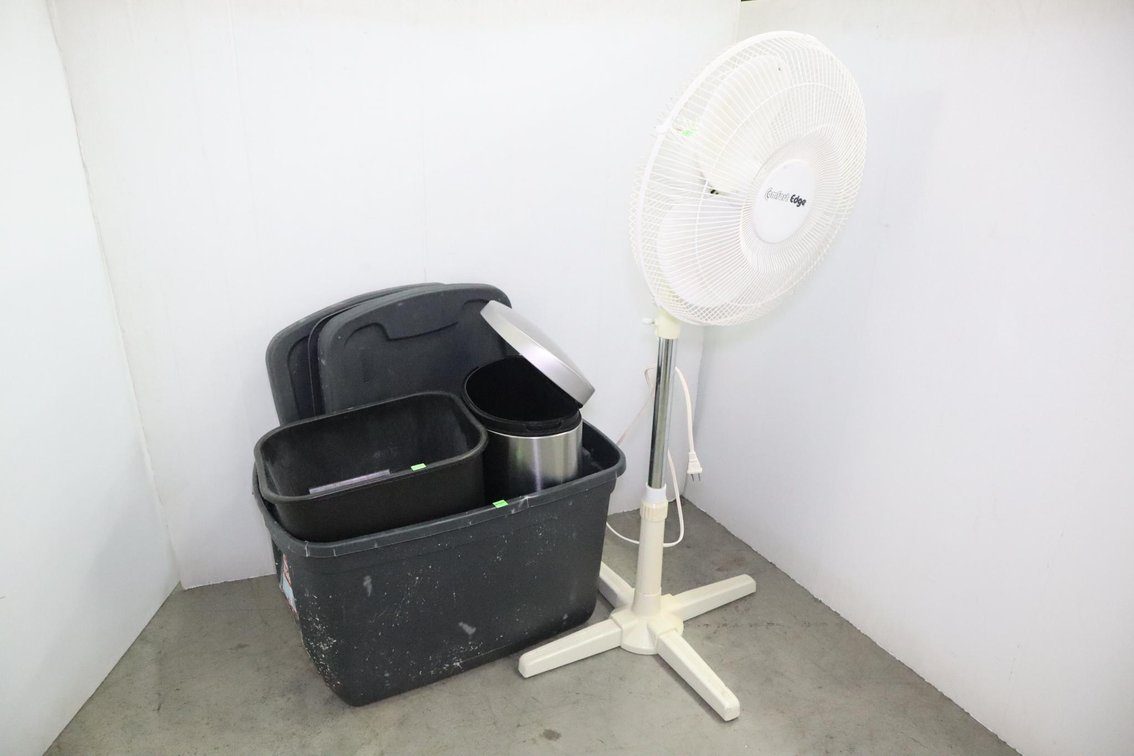 Floor Fan, Tote and Trash Cans