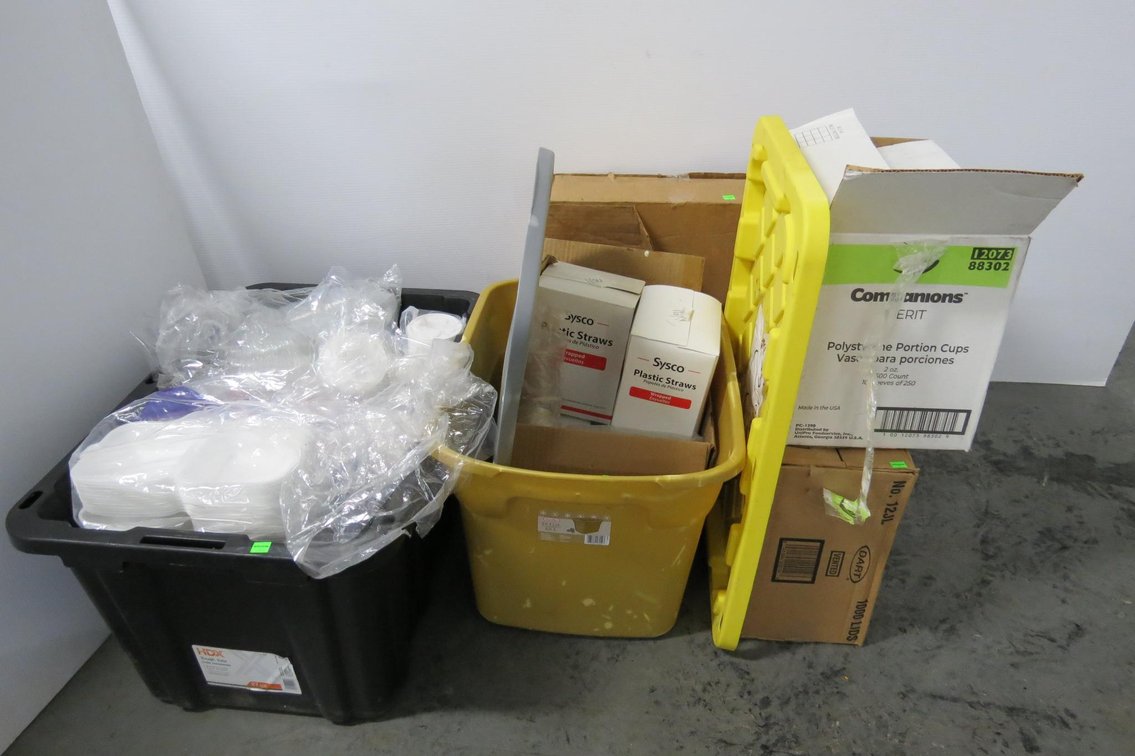 Group of Restaurant Food Container Supplies, Plastic Straws, Plastic Lids and More