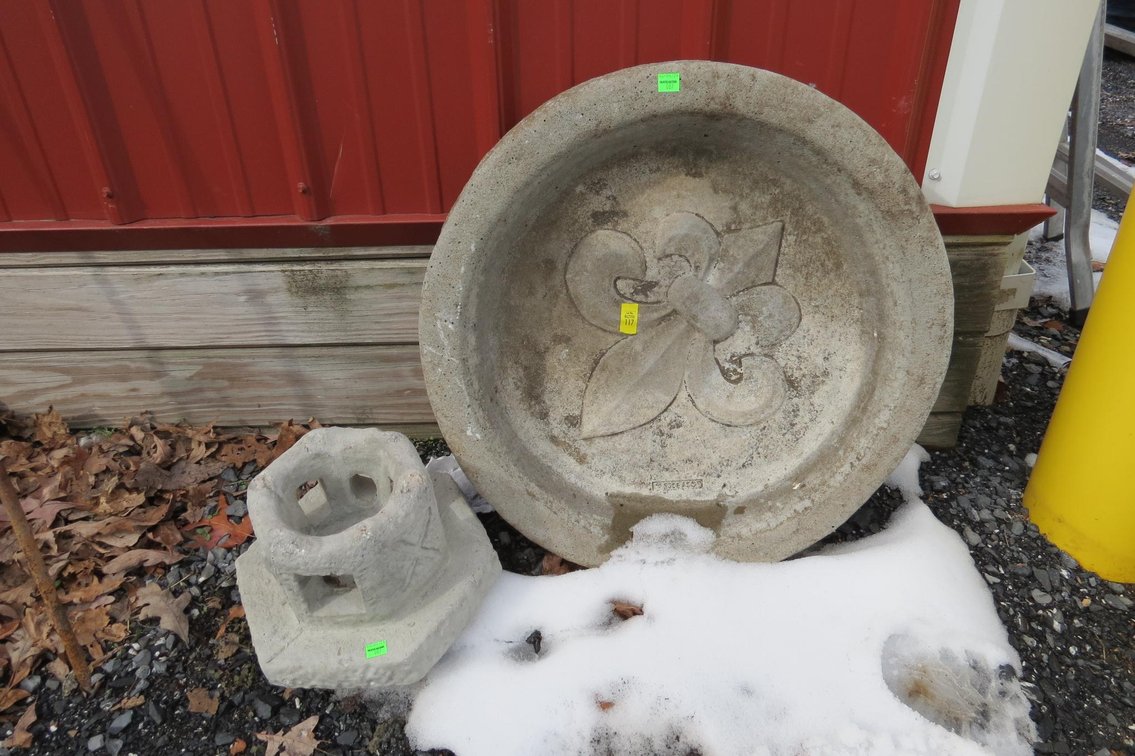 Cement Bird Bath Bowl and Other Piece