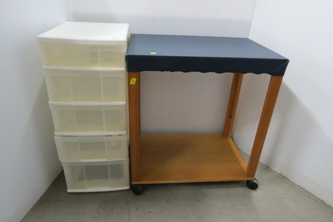 Table On Casters and Plastic Organizing Drawers
