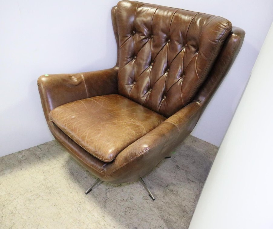 Mid Century Brown Leather Chair, Swivels