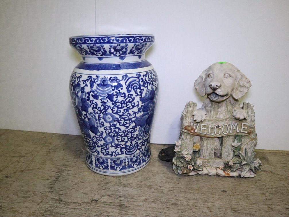 Oriental Style Plant Stand and Resin Welcome Dog Statue