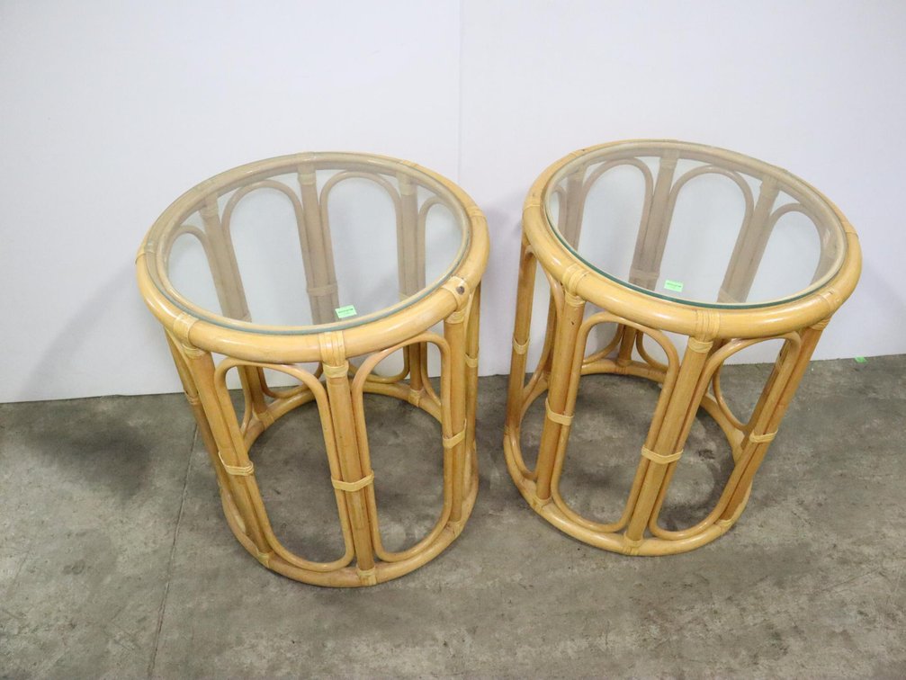 Two Wicker Side Tables With Glass Tops