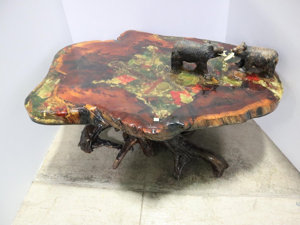 Natural Wood Coffee Table With Bears Fishing, Resin Covered