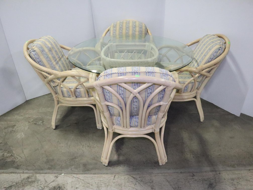 Rattan Glass Top Table and Four Chairs