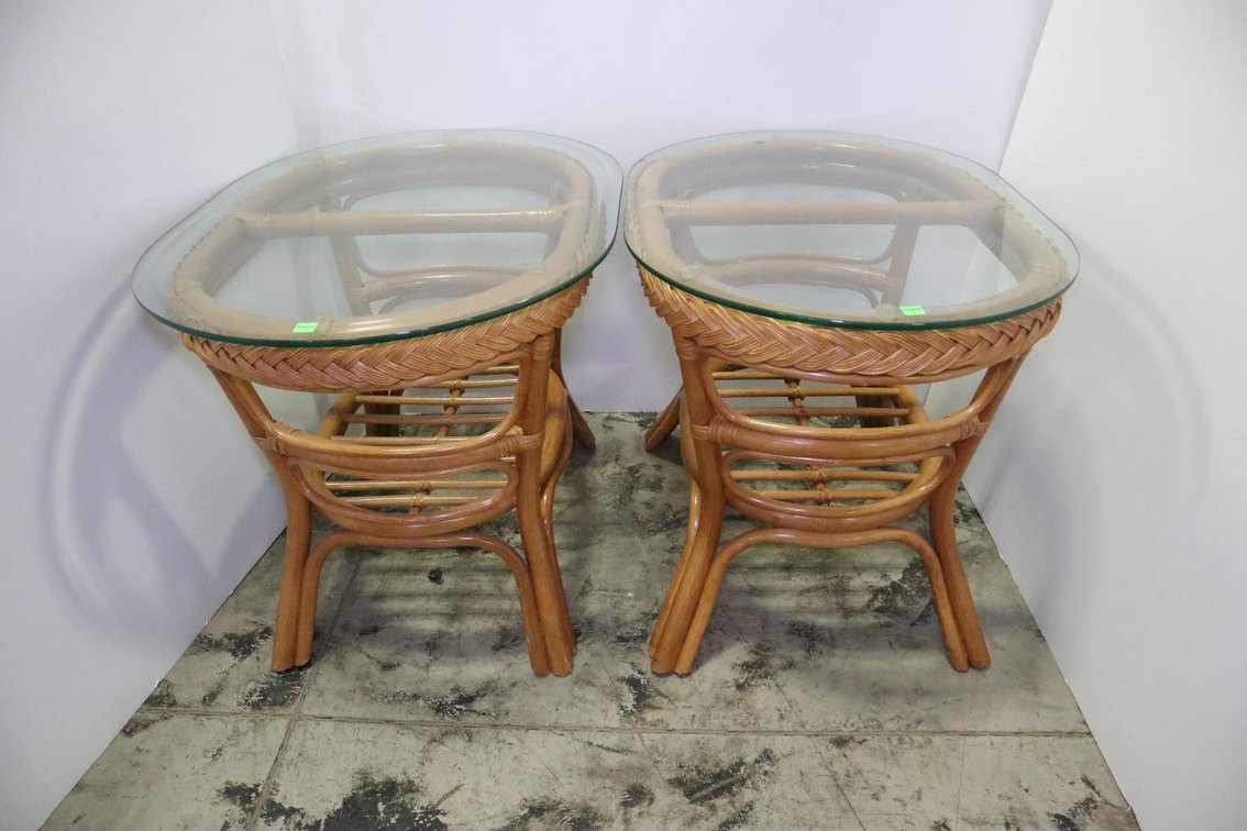 2 Rattan Glass Top Side Tables