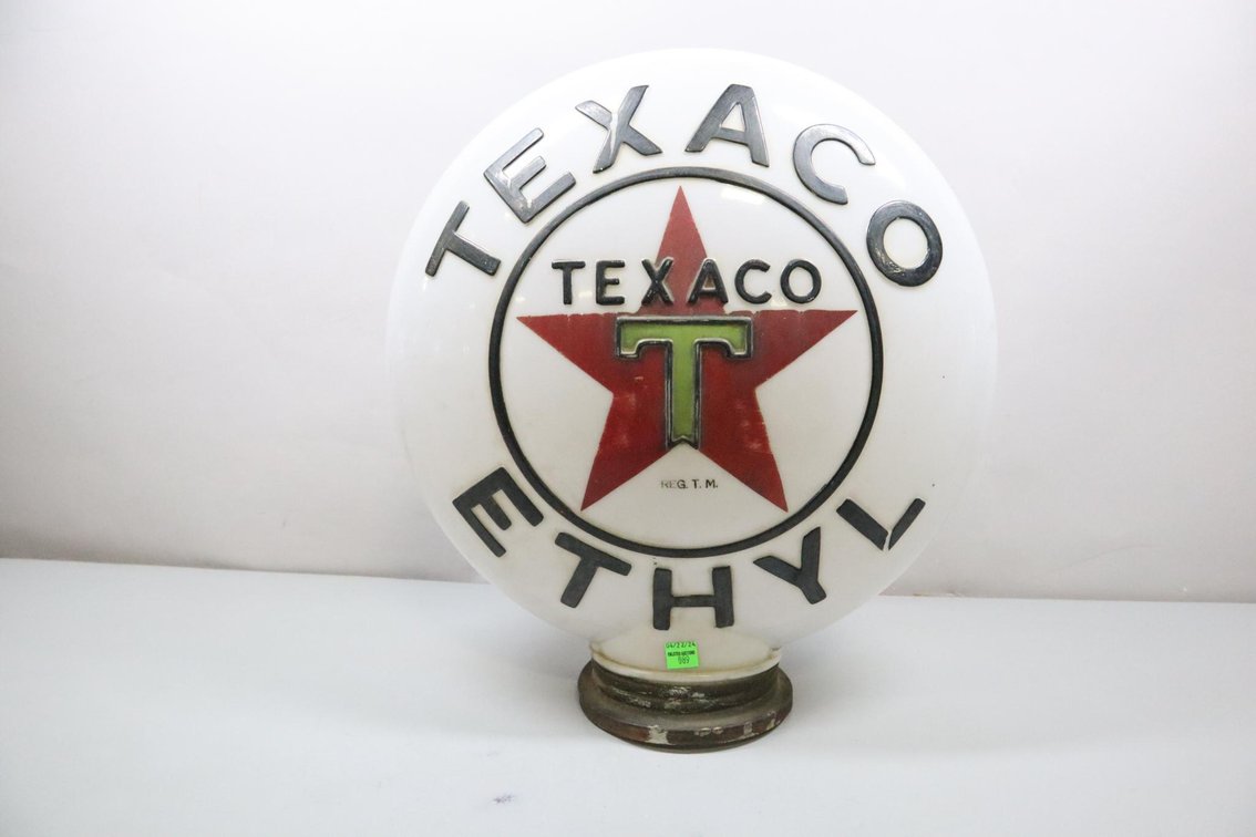 Texaco Ethyl Glass Globe Pump Topper With Metal Base, Dated 5–30 On Inside of Ring