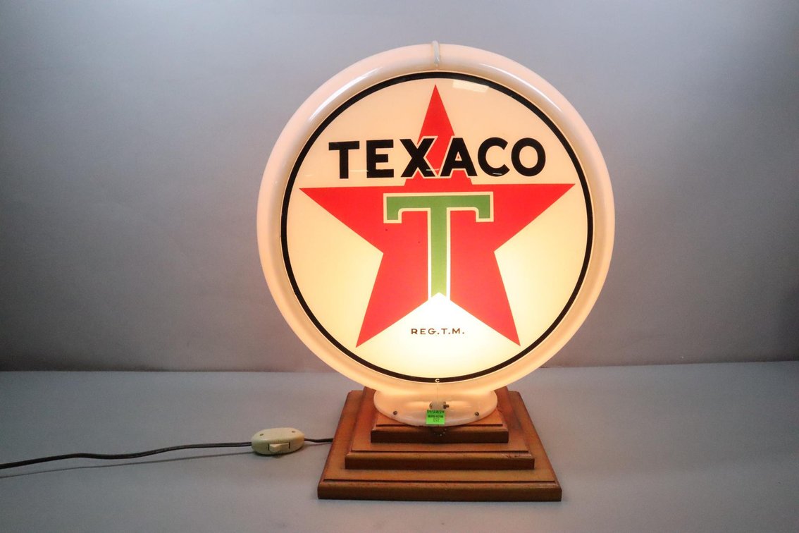 Texaco Globe Pump Topper, Glass Face and Plastic Ring Mounted On Wood Stand With Light Inside