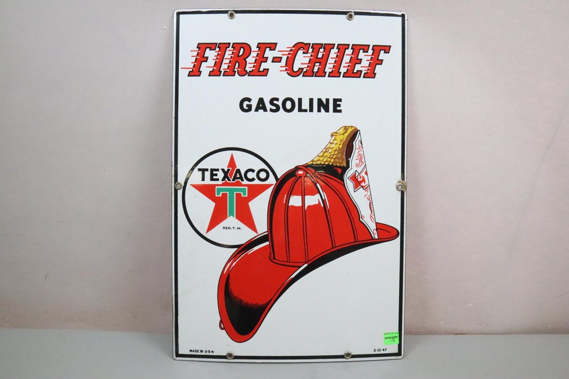 Texaco Fire-Chief Porcelain Single-Sided Sign, Dated 3-10-47 In Bottom Right Corner, Made In Usa