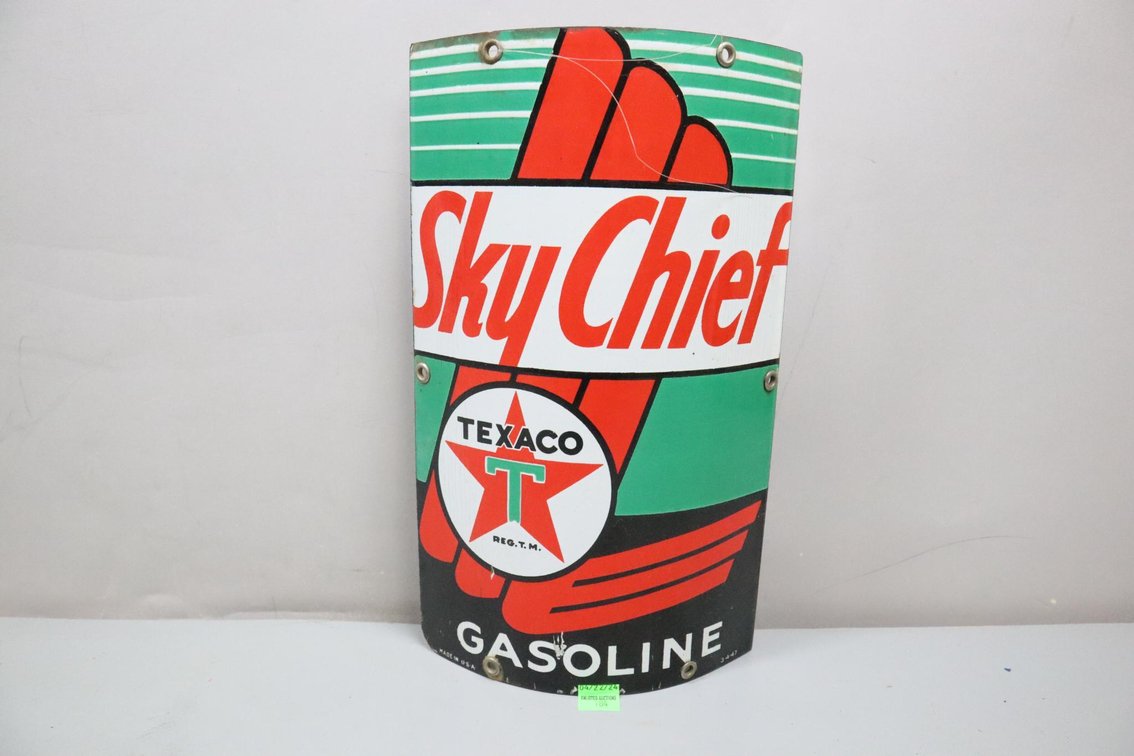 Texaco Sky Chief Porcelain Single Sided Curved Pump Sign Dated 3-4-47 In Bottom Right Corner, Made In Usa