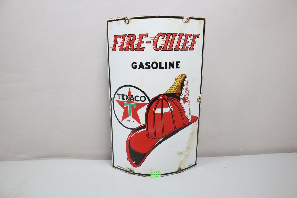Texaco Fire-Chief Porcelain Single-Sided Curved Pump Sign, Dated 3-4-47 In Bottom Right Corner, Made In Usa