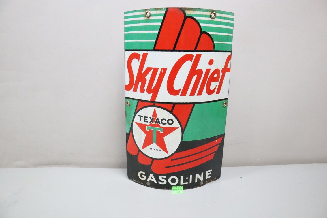 Texaco Sky Chief Porcelain Single Sided Curved Pump Sign Dated, Made In Usa