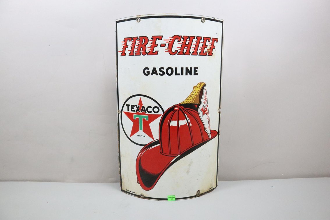Texaco Fire-Chief Gasoline Porcelain Curved Pump Sign, Dated 3-4-47 In Bottom Right Corner, Made In Usa
