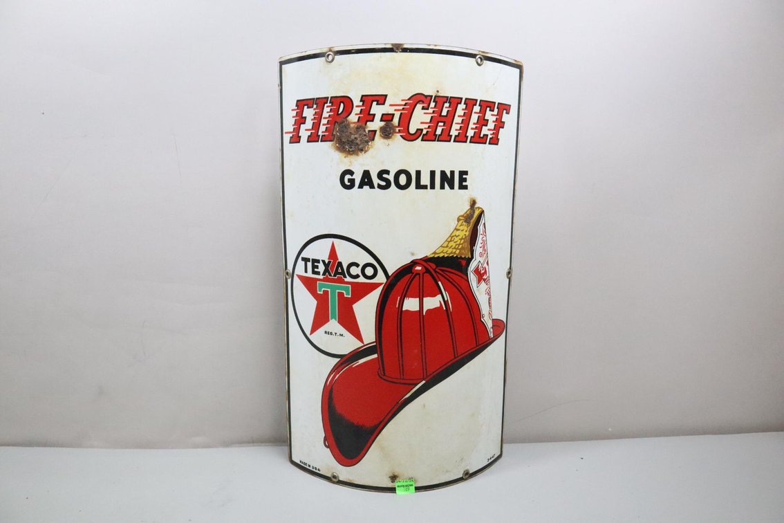 Texaco Fire-Chief Gasoline Porcelain Curved Pump Sign, Dated 3-4-47 In Bottom Right Corner, Made In Usa