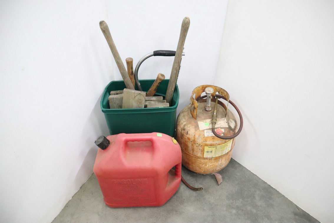Air Tank, 5 Gallon Gas Jug, Pruners, Wood Pieces