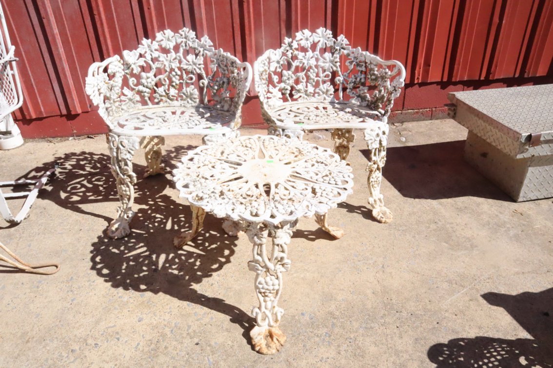 Pair of Cast Iron Garden Benches and Small Table