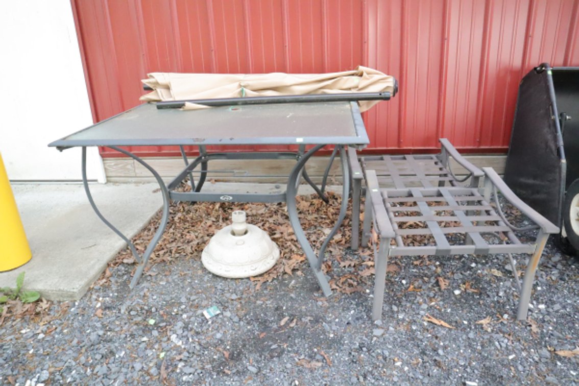 Glass Top Patio Table With Umbrella and Two Seats