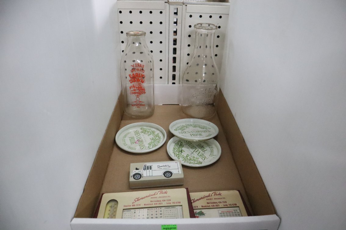 Early Dawn Glass Milk Bottles and Shenandoah's Pride Cottage Cheese Tin Lids and Advertising Thermometer Calendars