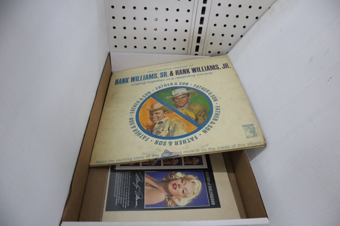 Hank Williams Vinyl Record Album and Marilyn Monroe Stamp Page