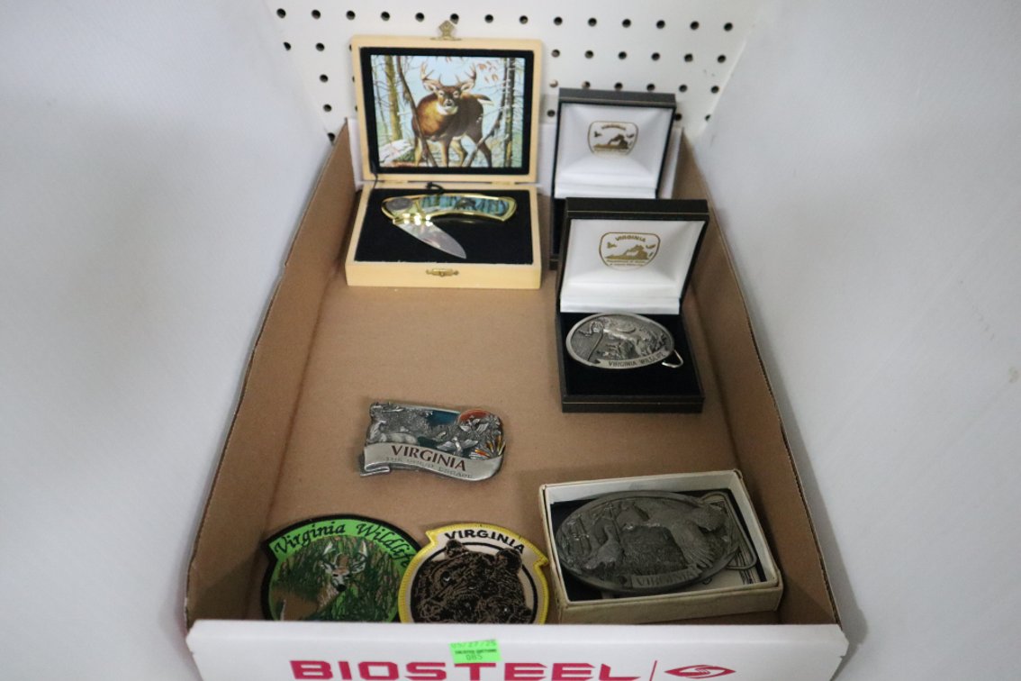 Virginia Wildlife Belt Buckles, Collector Knife, Commemorative Token and Patches