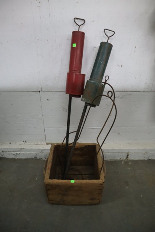 Antique Hanging Lantern Brackets, Wooden Crate and Dusters