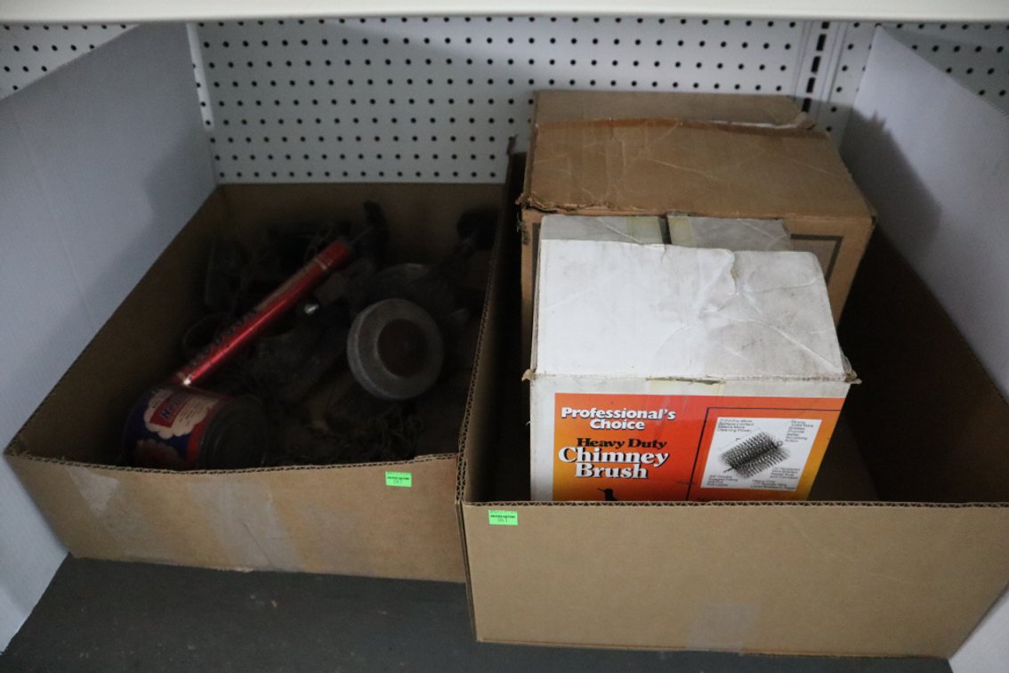 Chimney Brushes, Antique Ax Heads, Antique Duster and Grinding Wheel