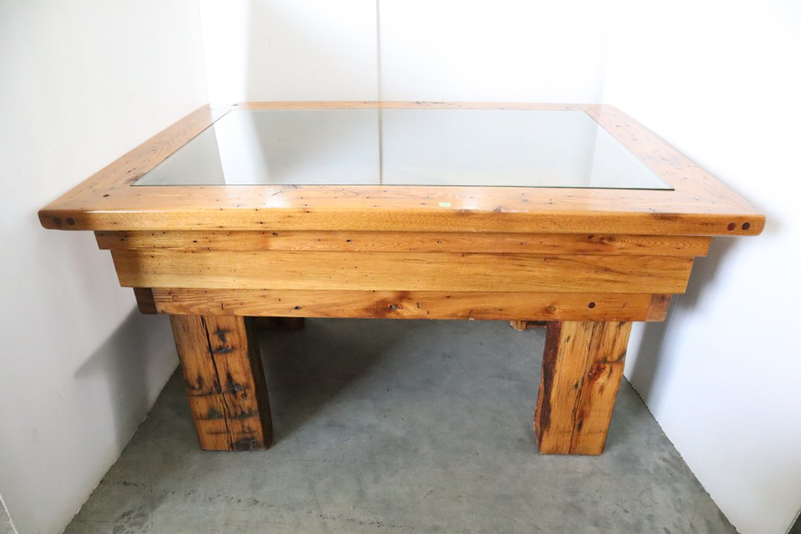 Custom Made Solid Wormy Wood Table With Glass Top