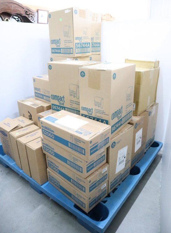 Large Group of New Tissue Roll Dispensers, Soap Dispensers, Napkin Boxes, Miscellaneous