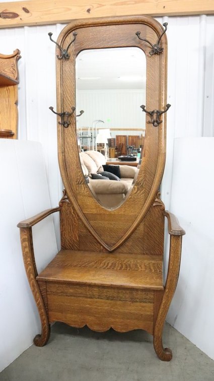 Antique Mirrored Hall Tree/Bench With Storage, Hinged Lid Needs Board Refastened