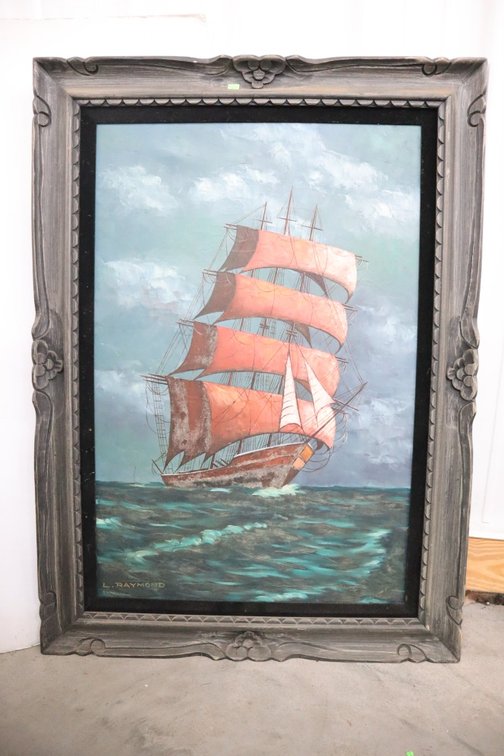 Large Framed Canvas Ship Painting