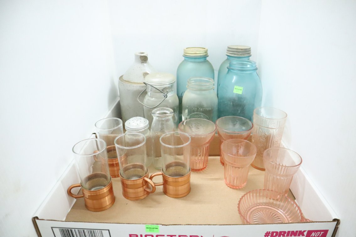 Vintage Glass Jars, Pink Depression Glass, Stoneware Jug