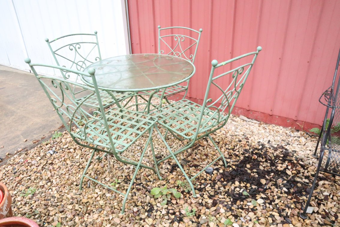 Glass Top Patio Table and 4 Folding Chairs