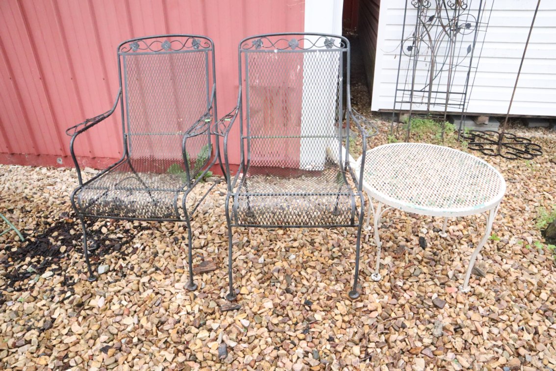 Pair of Wrought Iron Patio Chairs With End Table